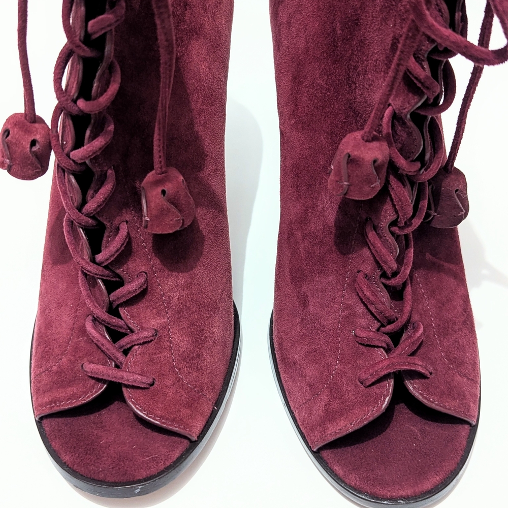 Coach Lena Lux Heels Coach Burgundy Suede Heels Coach Peep toe Lace Up Booties - Picture 4 of 8